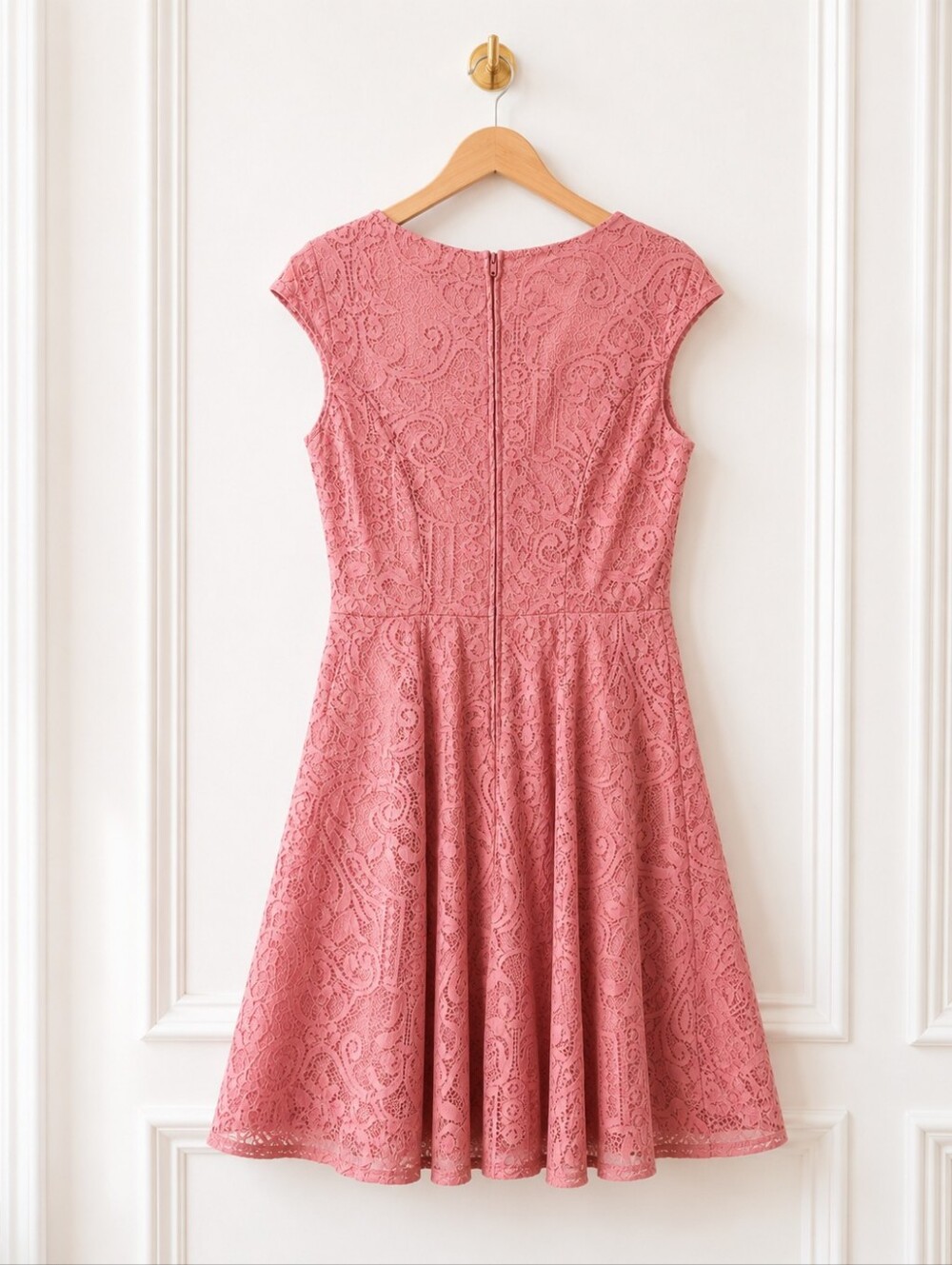 AUW | Pink Lace Fit & Flare Dress | Size 12 | Cap Sleeve Feminine Occasion Dress - Picture 6 of 8